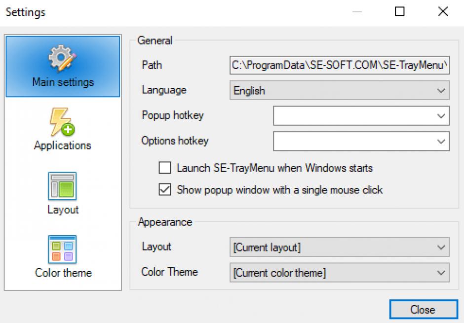 SE-TrayMenu main screen