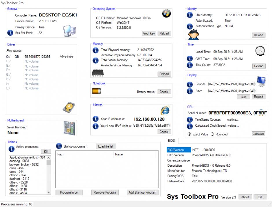 Sys Toolbox Pro main screen