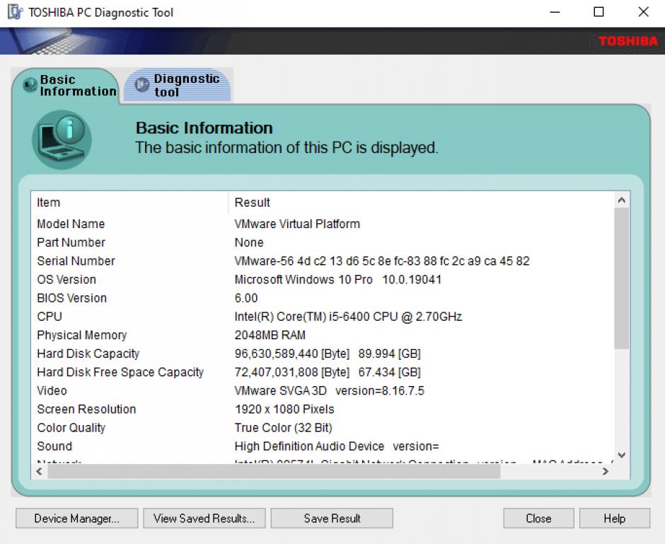 TOSHIBA PC Diagnostic Tool main screen