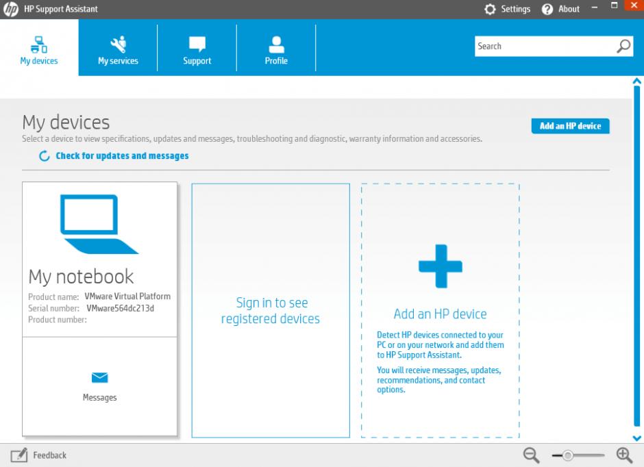 HP Support Assistant main screen