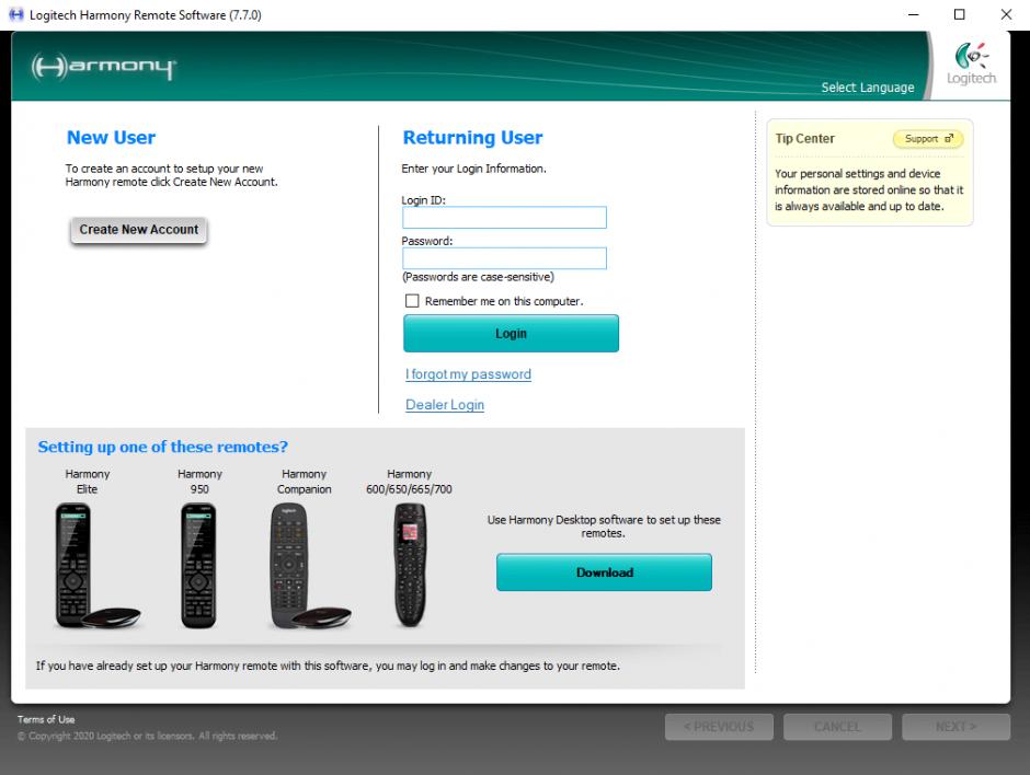 Logitech Harmony Remote main screen