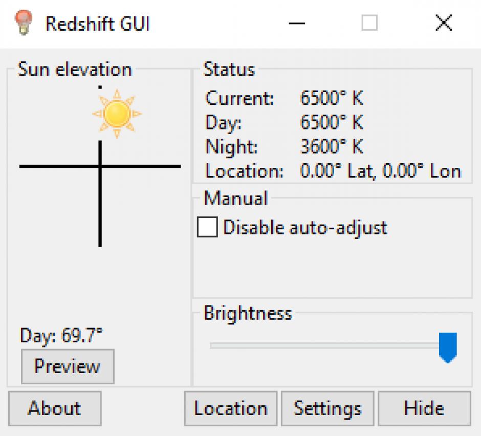RedshiftGUI main screen