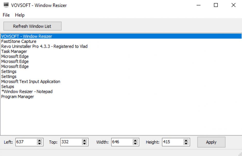 Window Resizer main screen