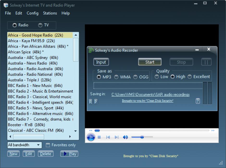 Solway's Internet TV and Radio main screen