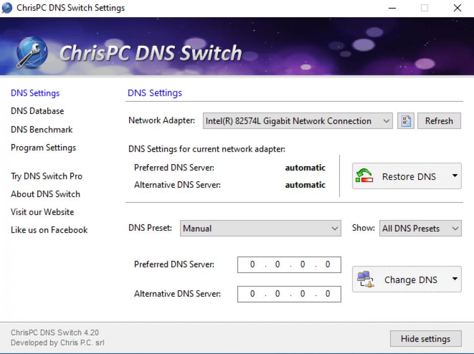 ChrisPC DNS Switch main screen
