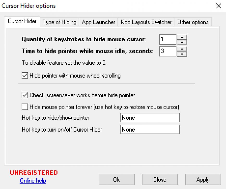 Cursor Hider main screen