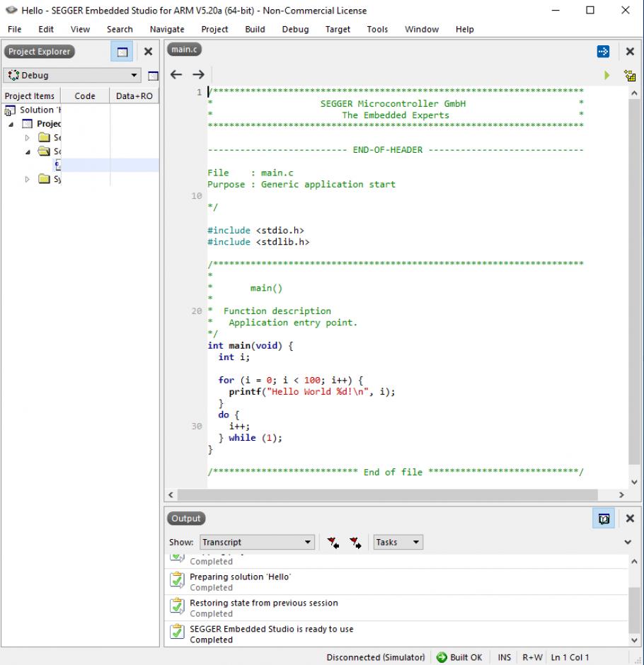 SEGGER Embedded Studio for ARM main screen