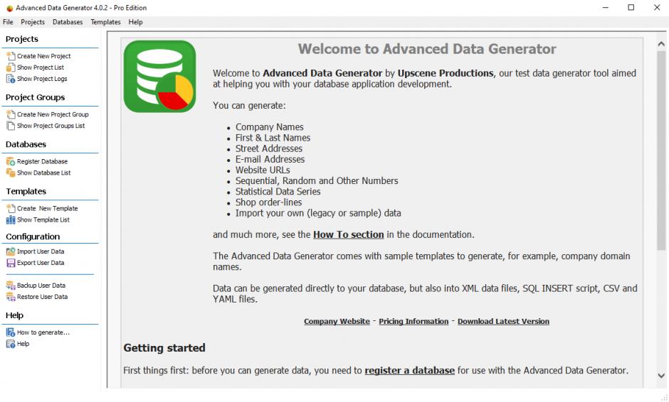 Advanced Data Generator main screen