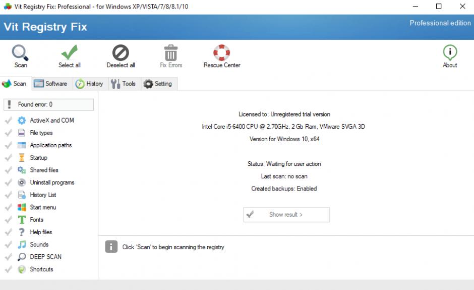 Vit Registry Fix Professional main screen