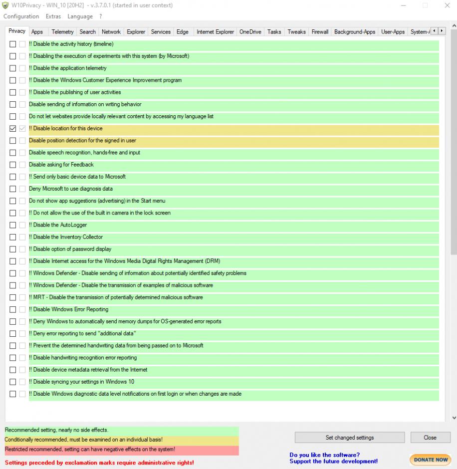 W10Privacy main screen