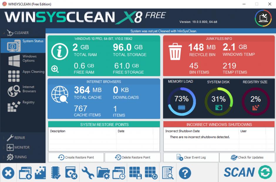 WinSysClean Free main screen