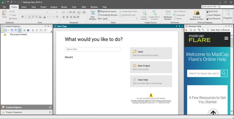 MadCap Flare 2019 r2 main screen