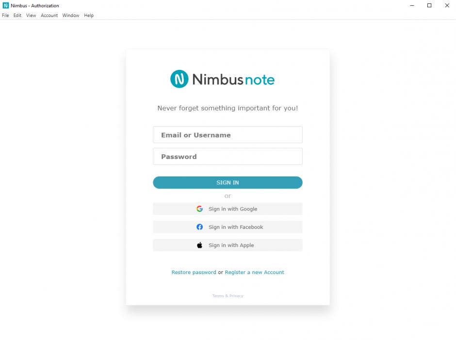 Nimbus Note main screen