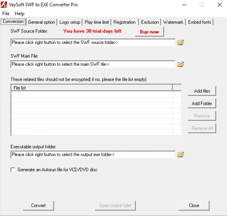 VaySoft SWF to EXE Converter Pro main screen