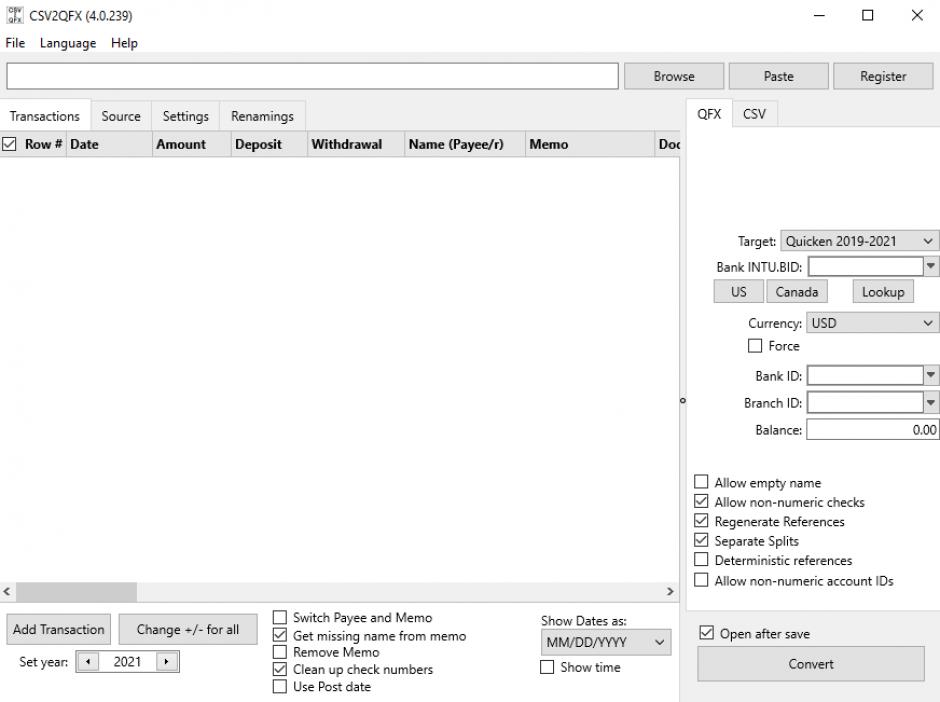 CSV2QFX main screen