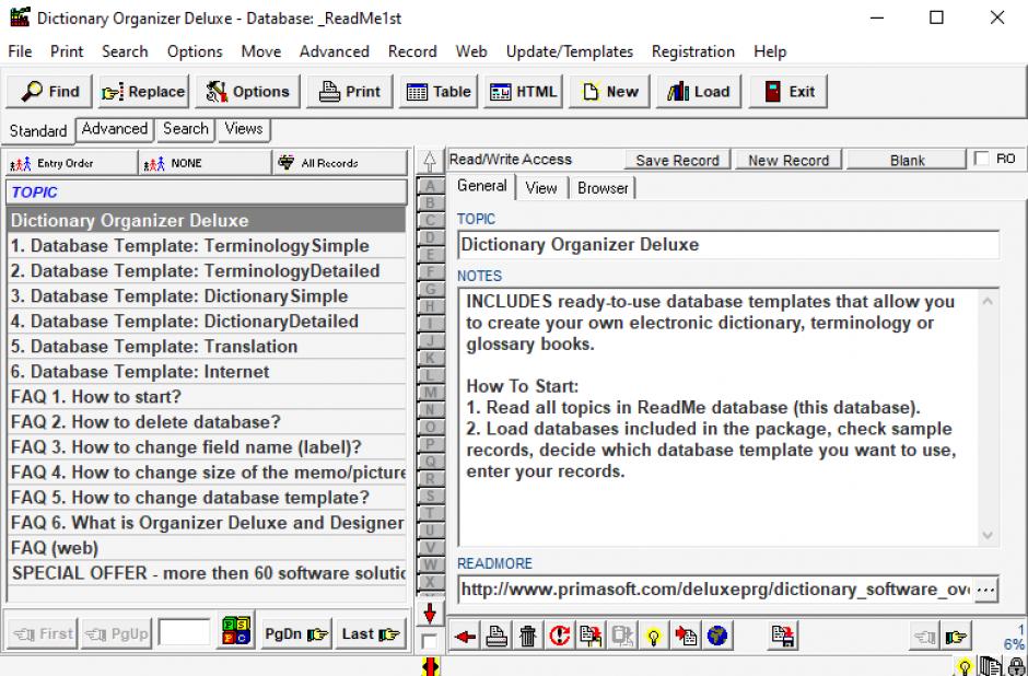 Dictionary Organizer Deluxe main screen