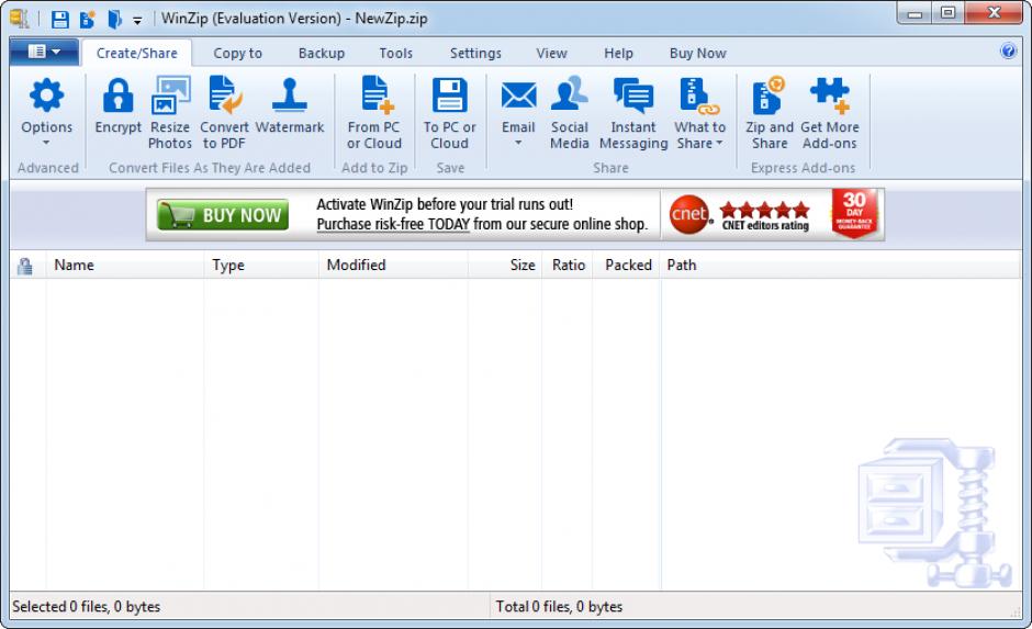 WinZip 18 main screen