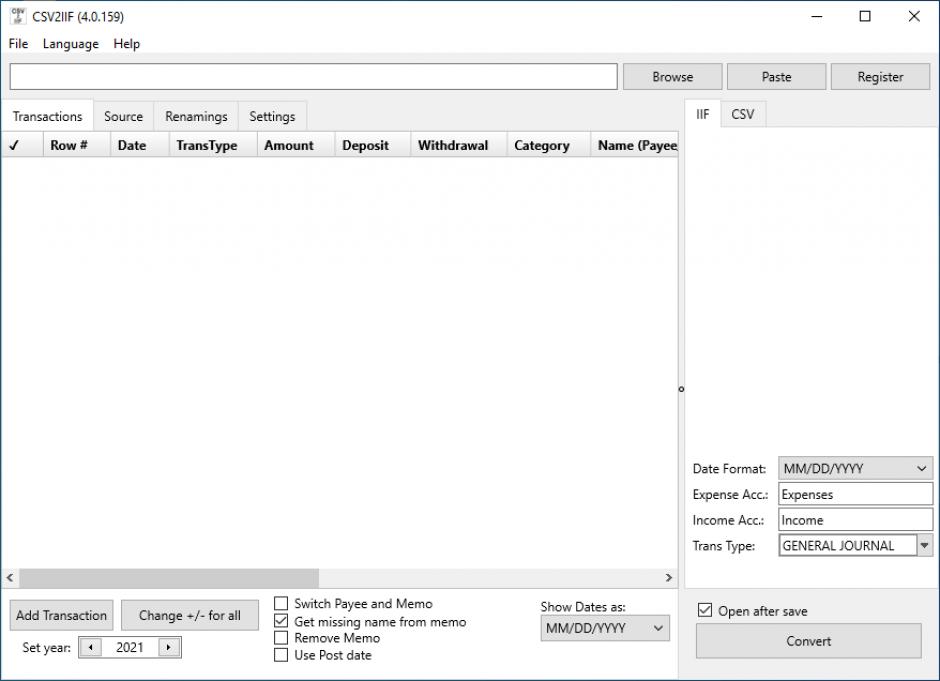 CSV2IIF main screen