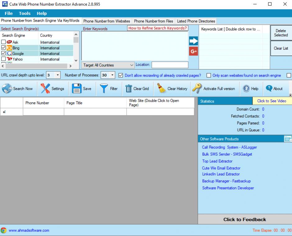 Cut Web Phone Extractor Advance main screen