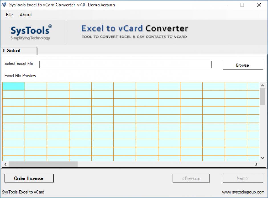 SysTools Excel to vCard Converter main screen