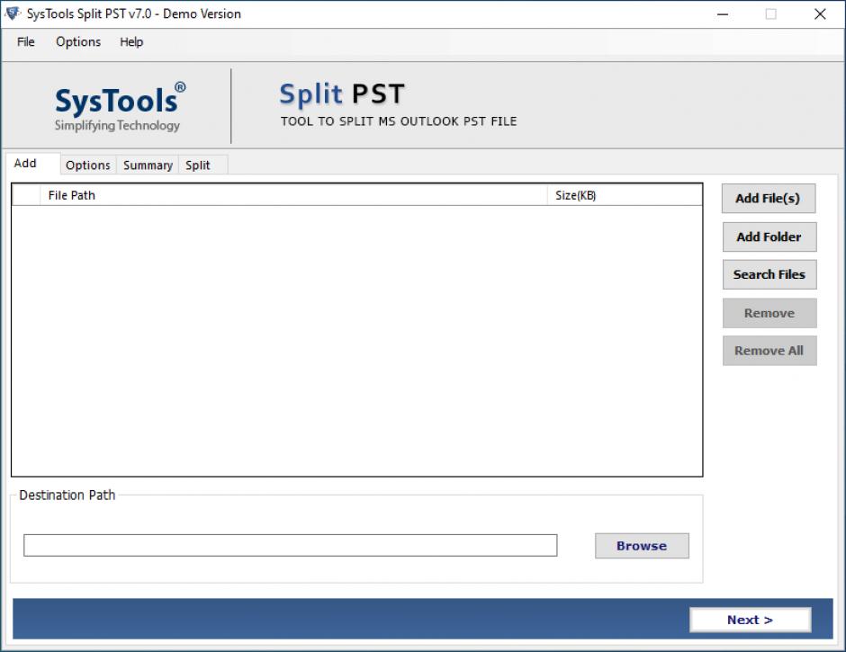 SysTools Split PST main screen