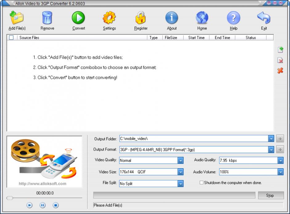 Allok Video to 3GP Converter main screen