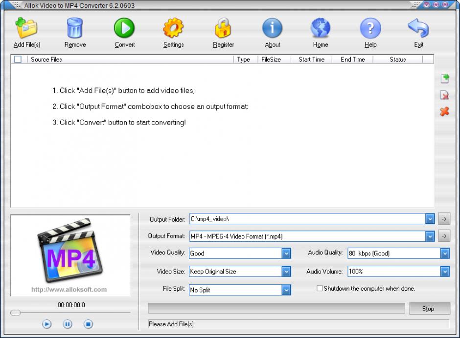 Allok Video to MP4 Converter main screen