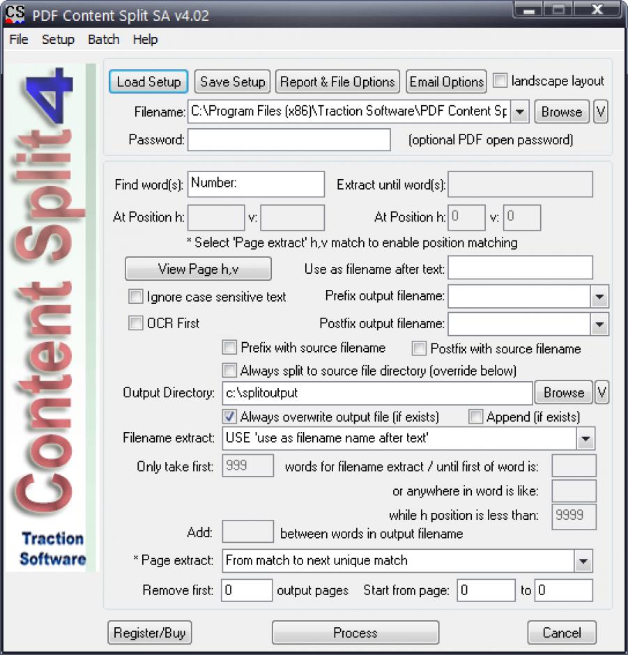 PDF Content Split SA main screen