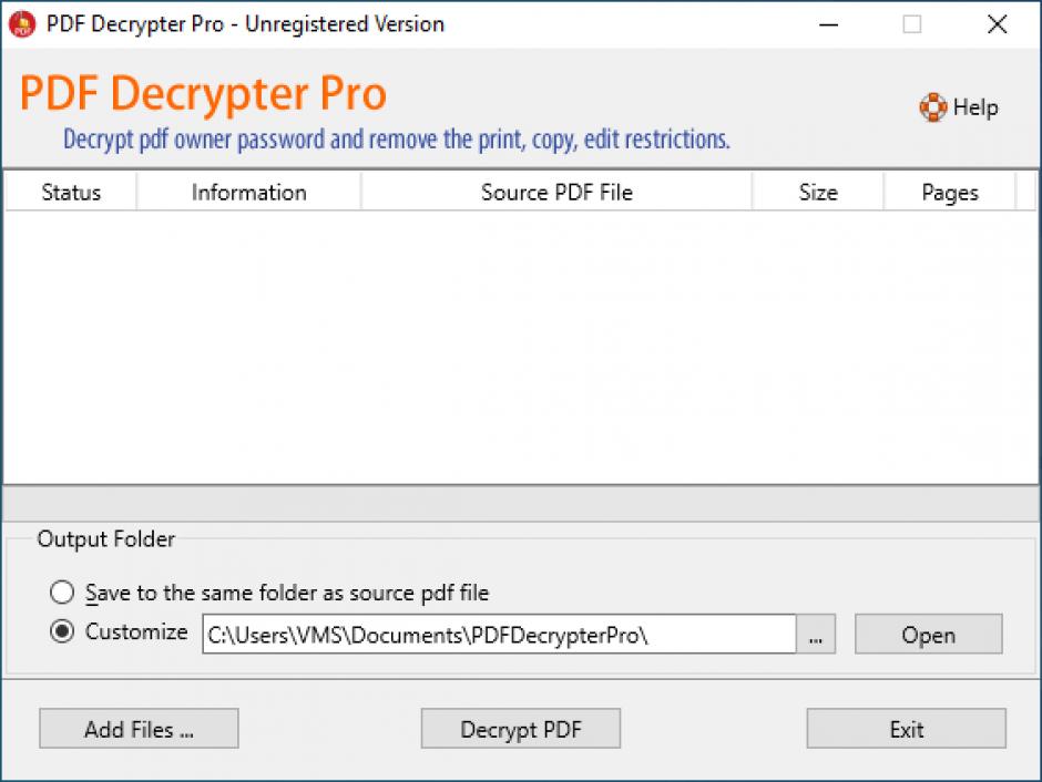 PDF Decrypter Pro main screen