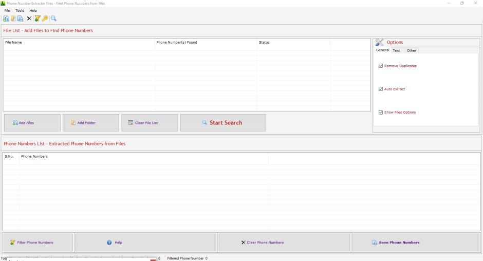 Phone Number Extractor Files main screen