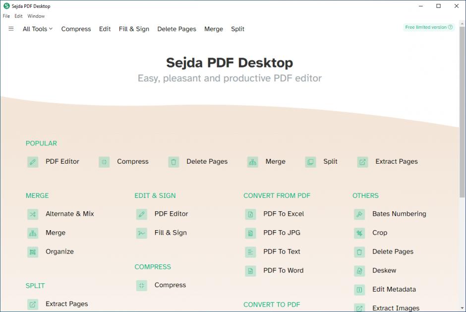 Sejda PDF Desktop main screen
