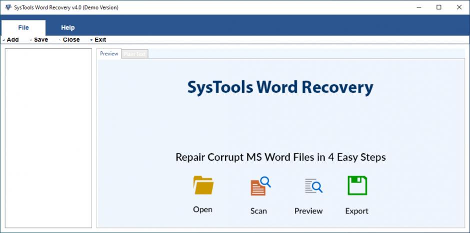 SysTools Word Recovery main screen