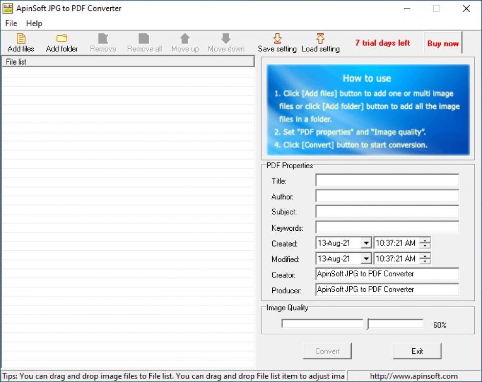 Apinsoft JPG to PDF Converter main screen