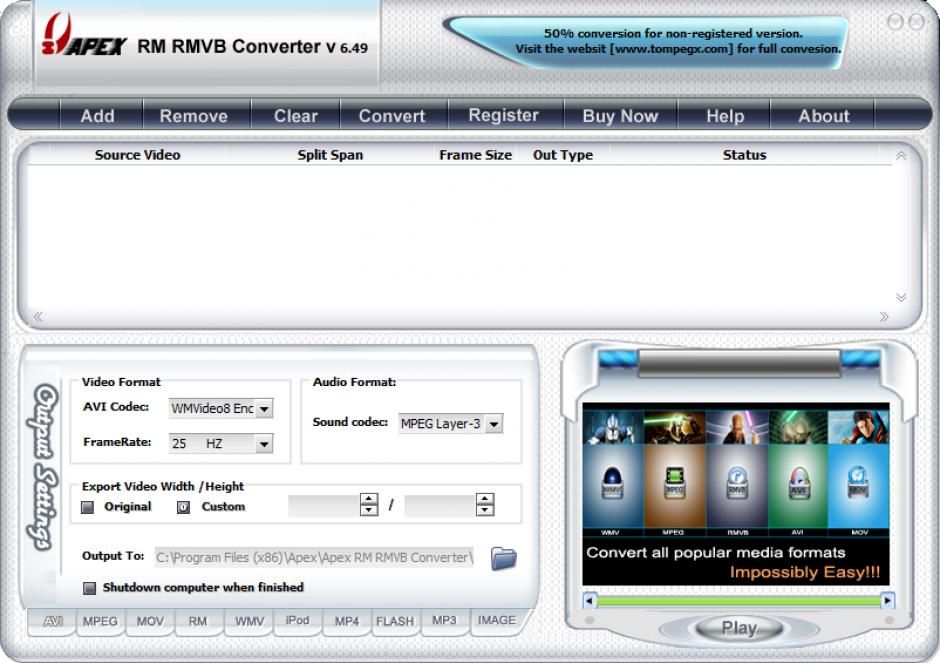 Apex RM RMVB Converter main screen