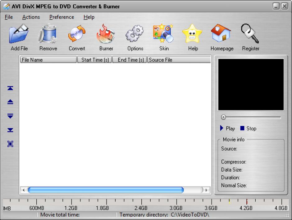 AVI DivX MPEG to DVD Converter & Burner main screen