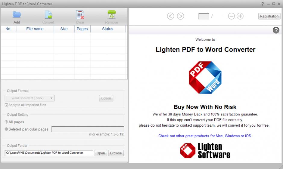 Lighten PDF to Word Converter main screen