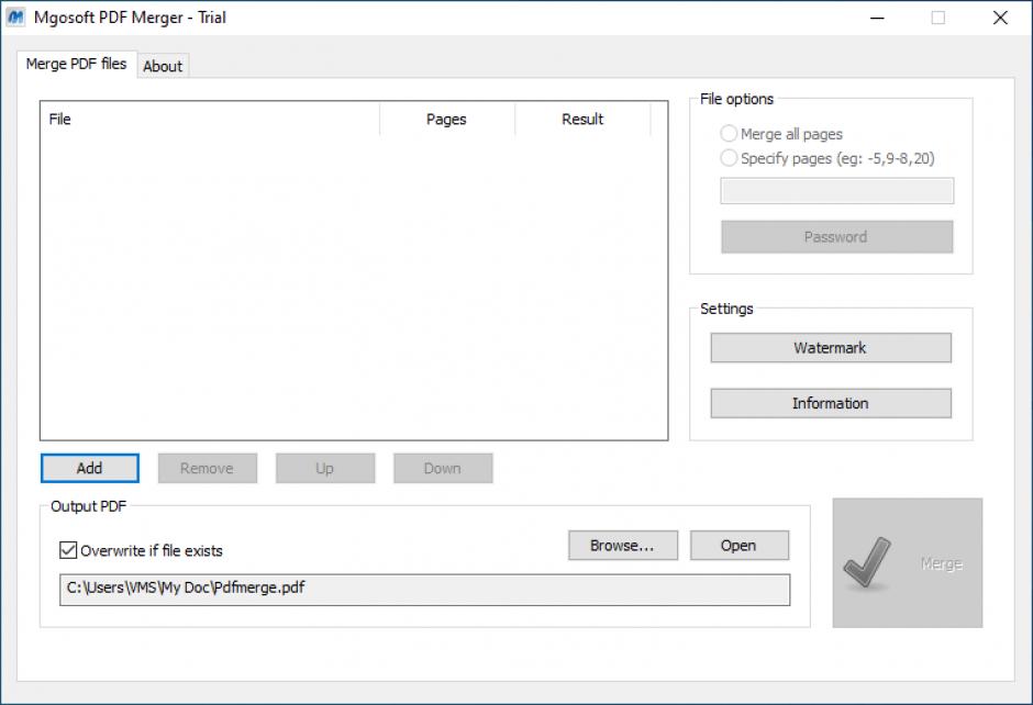 MgoSoft PDF Merger main screen