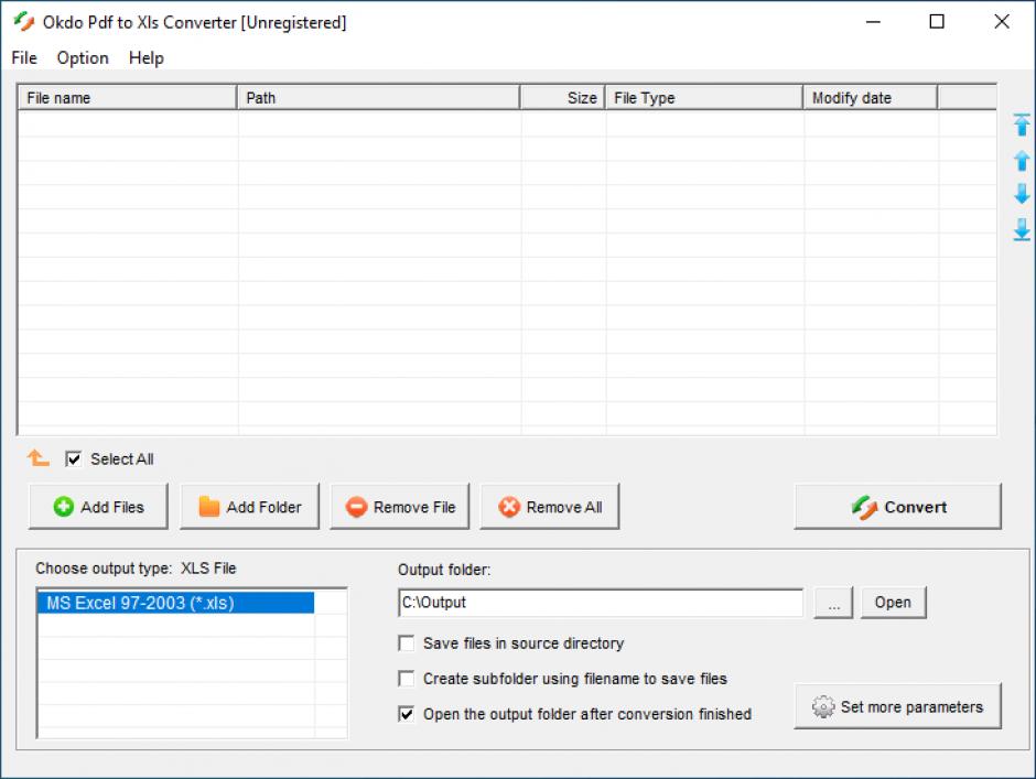 Okdo Pdf to Xls Converter main screen