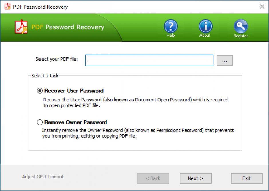 PDF Password Recovery main screen