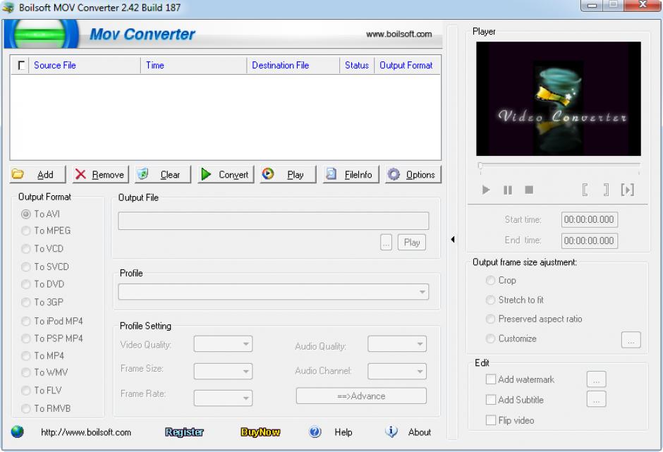 Boilsoft MOV Converter main screen