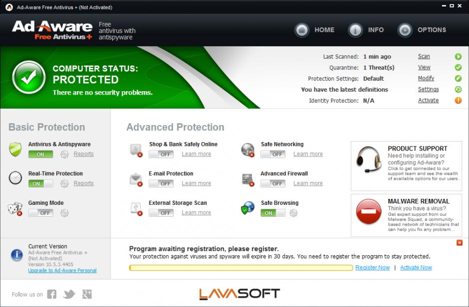 Ad-Aware Free Antivirus + main screen