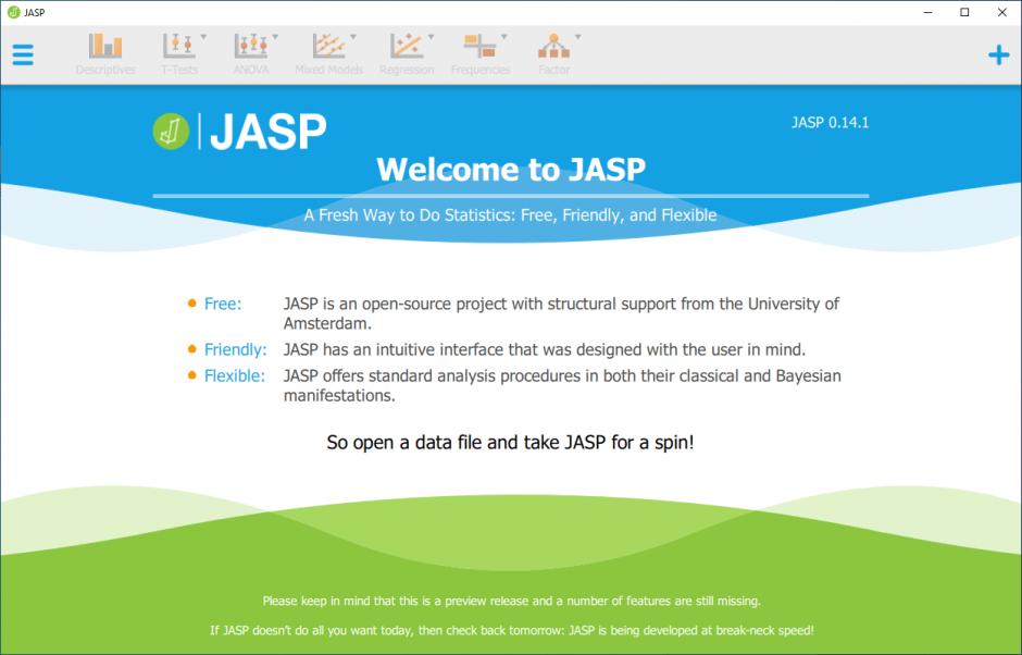 JASP main screen