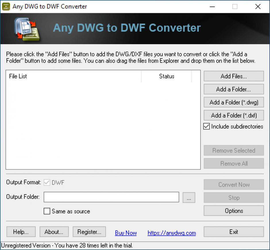 Any DWG to DWF Converter main screen