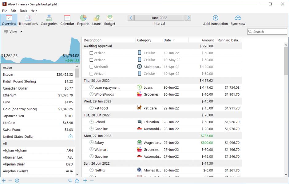 Alzex Finance main screen