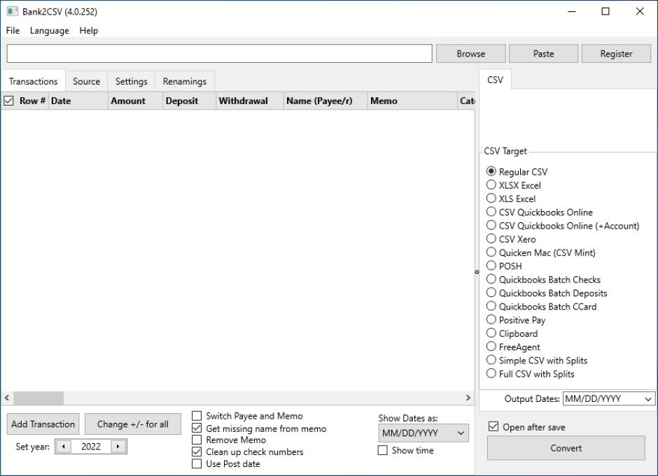 Bank2CSV main screen
