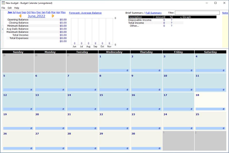 Budget Calendar main screen