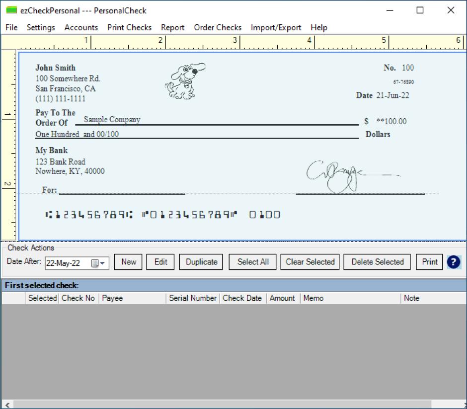 ezCheckPersonal main screen