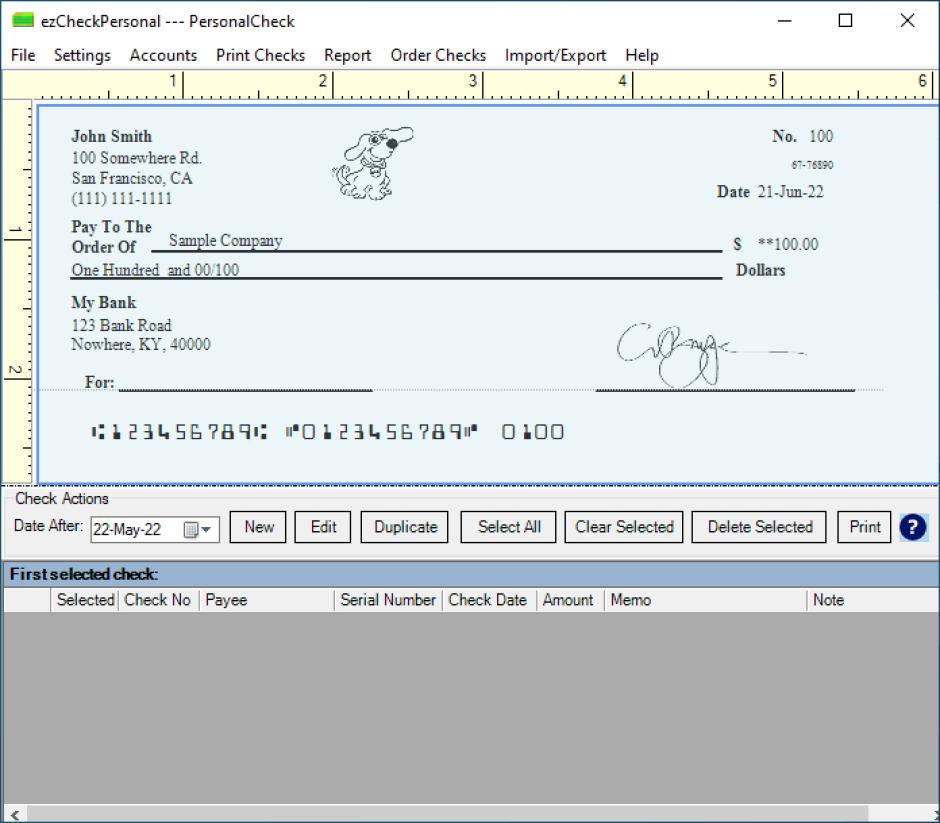 ezCheckPersonal main screen