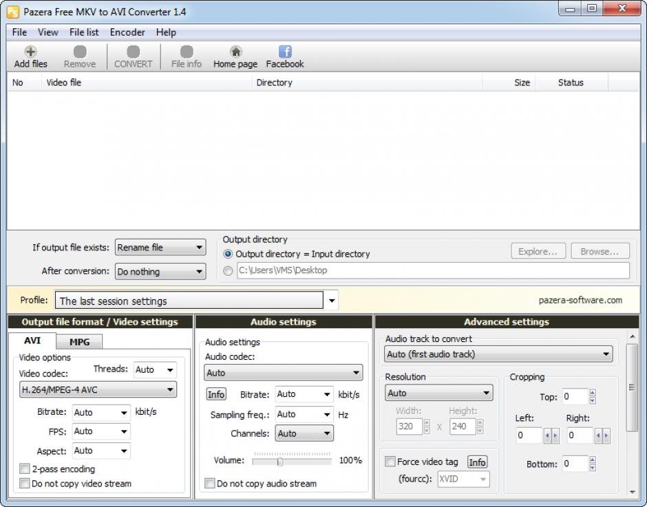 Pazera Free MKV to AVI Converter main screen