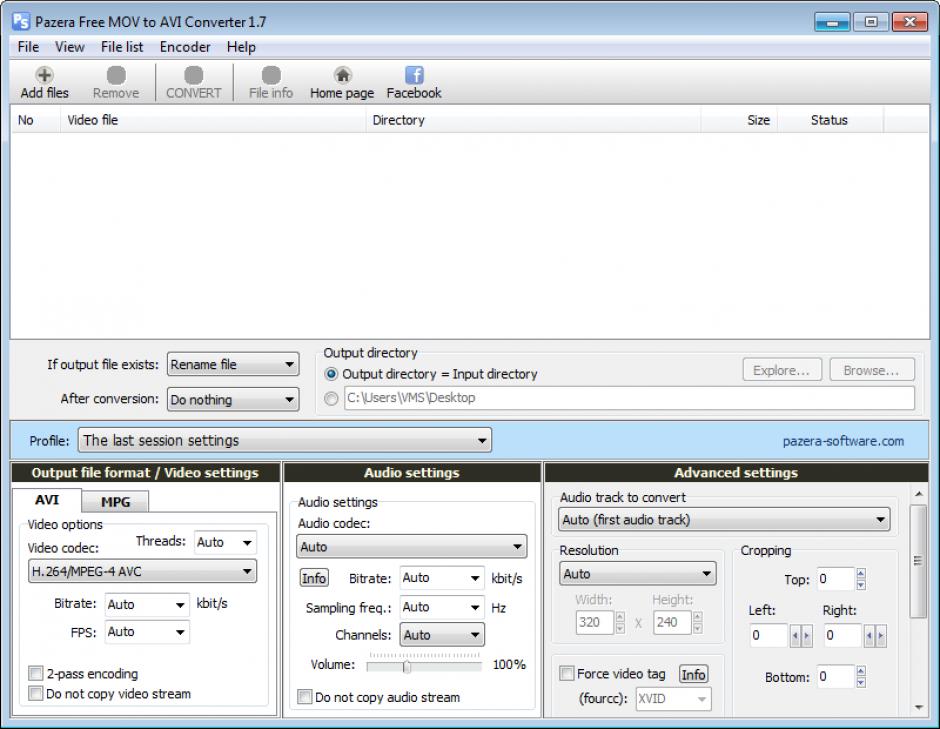 Pazera Free MOV to AVI Converter main screen